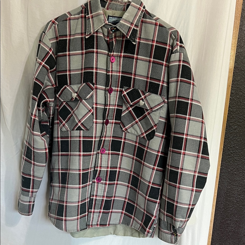 Plaid Utility Jacket with Pink Accents and Detailed Buttons